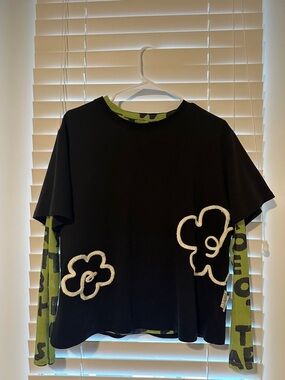 Black Layered Tee with Green Graphic Long Sleeves